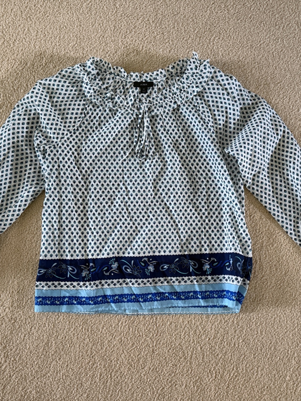 J Crew women’s Blue Printed Long-Sleeve Peasant Blouse